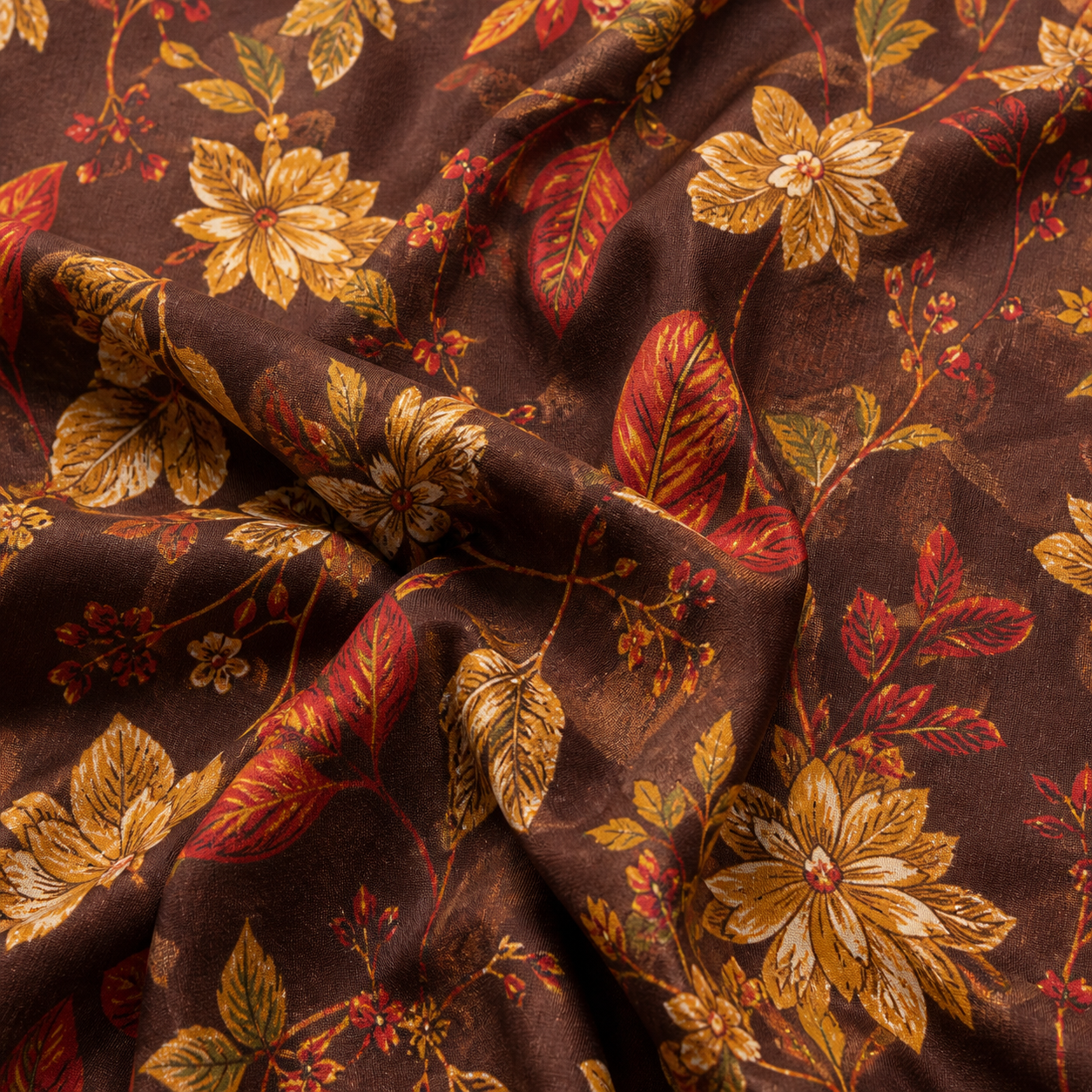 Chocolate Brown Floral Printed Unstitched 3 Piece Suit