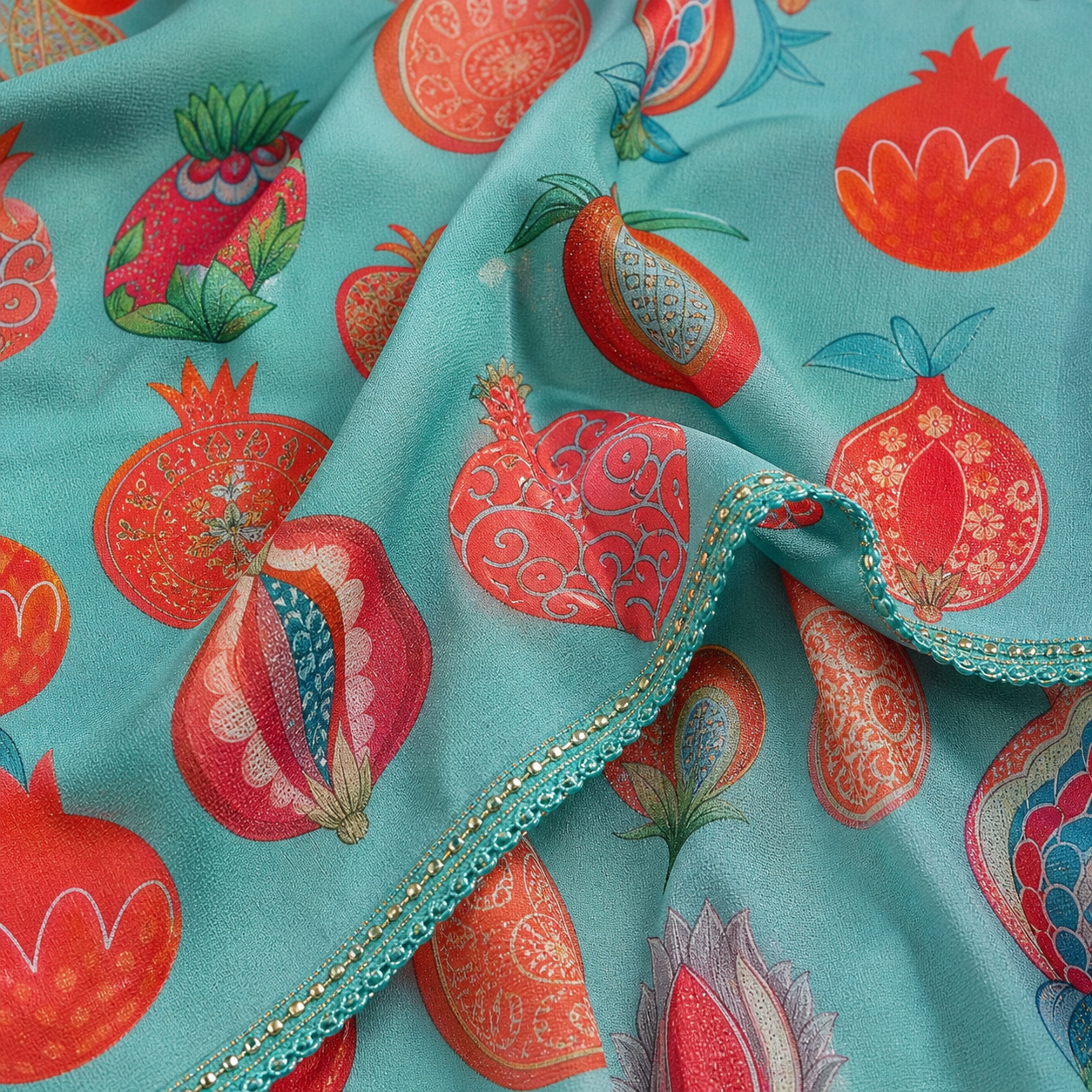 Aqua Blue Pomegranate Printed Unstitched 2 Piece Dress