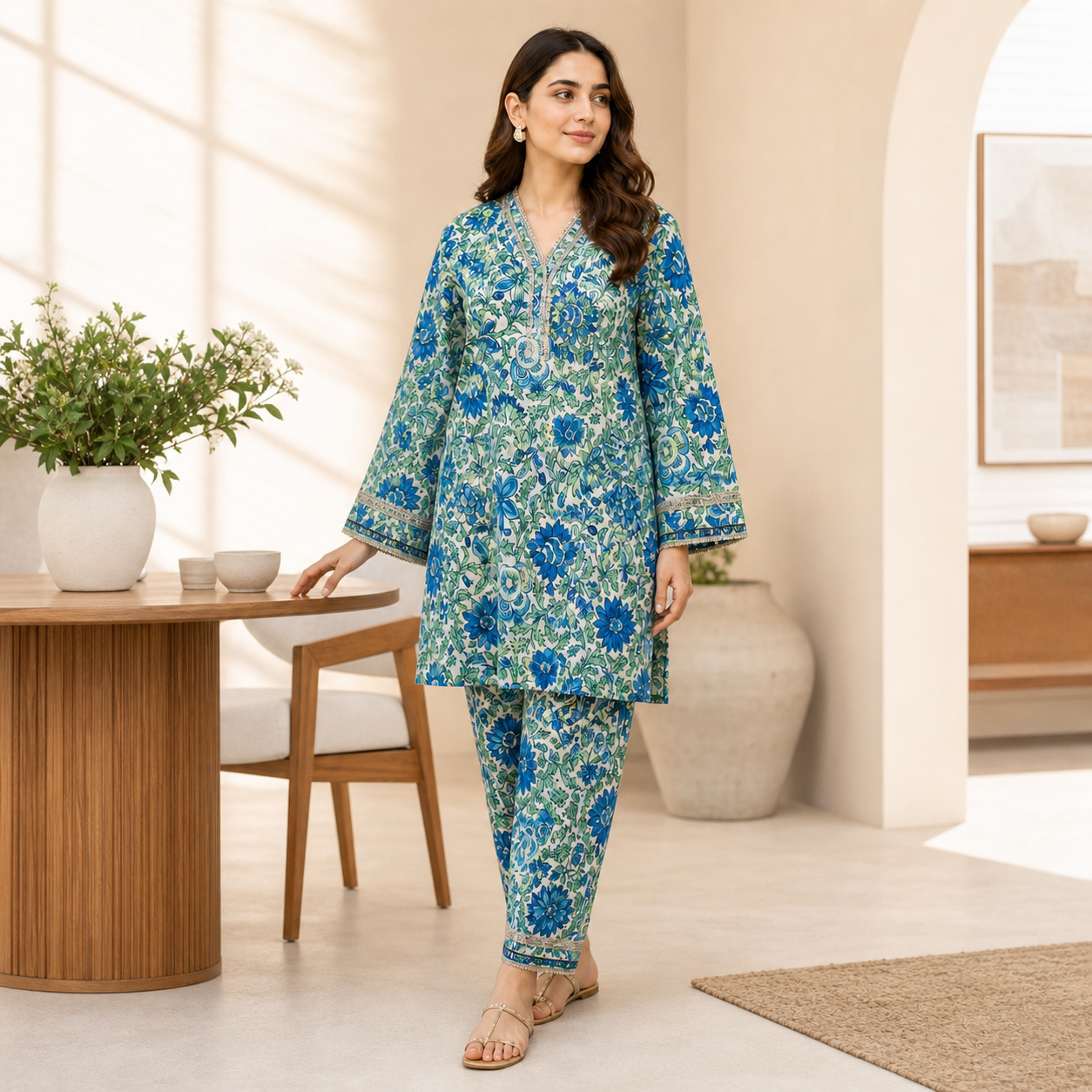 Blue Green Floral Printed Unstitched 2 Piece Suit