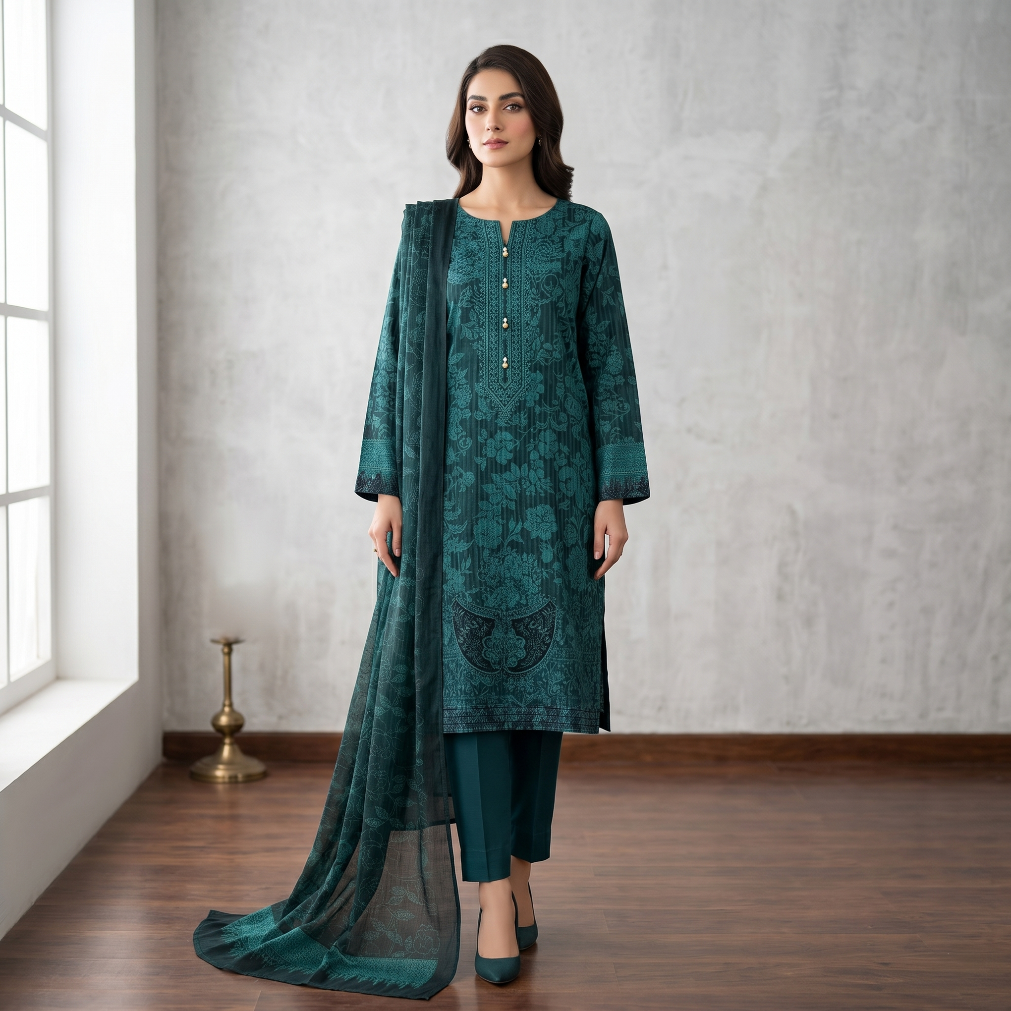Nayab Embroidered Lawn Unstitched 3 Piece Suit – Teal Green