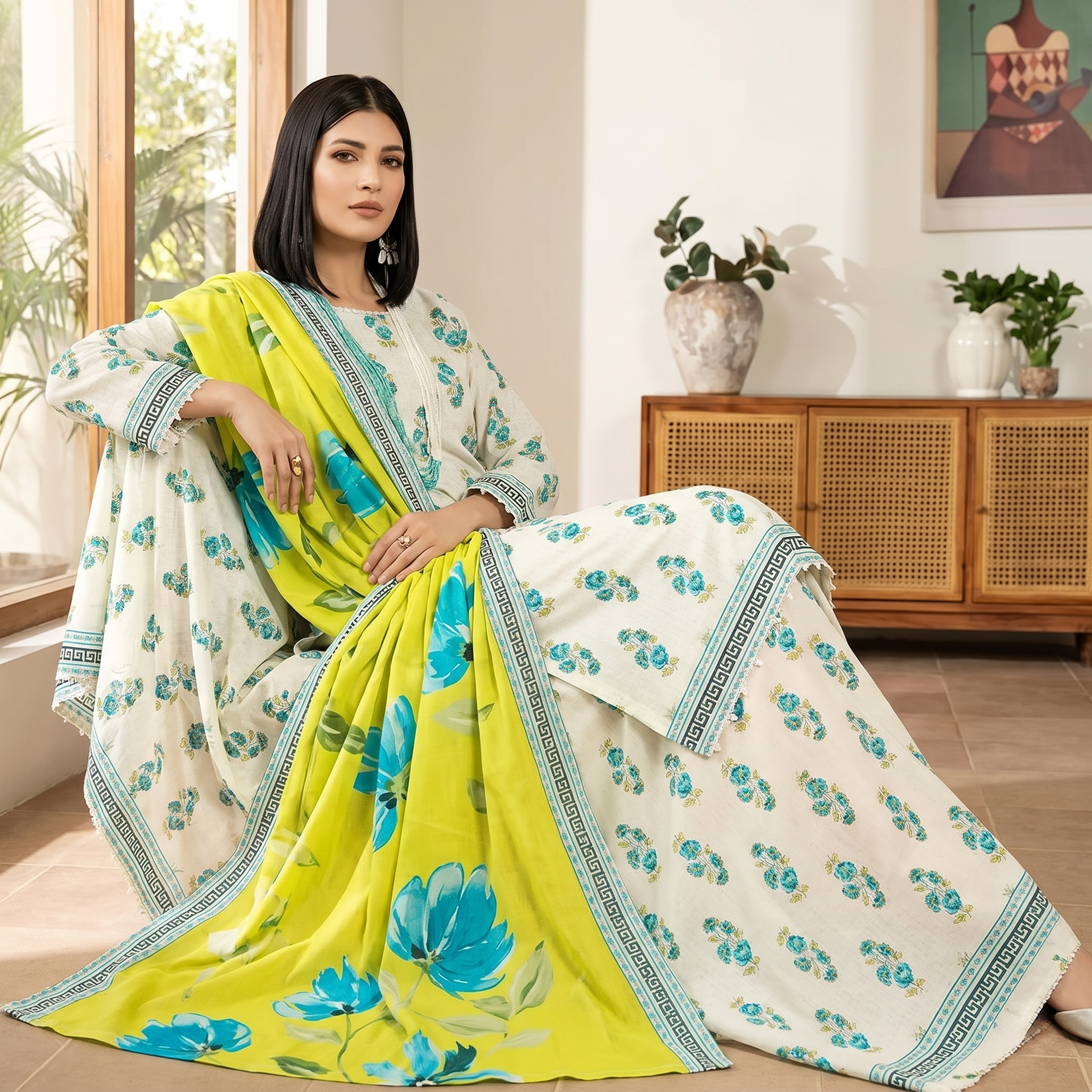 Regalia salina Printed Lawn Unstitched 3 Piece Suit – White Yellow Floral