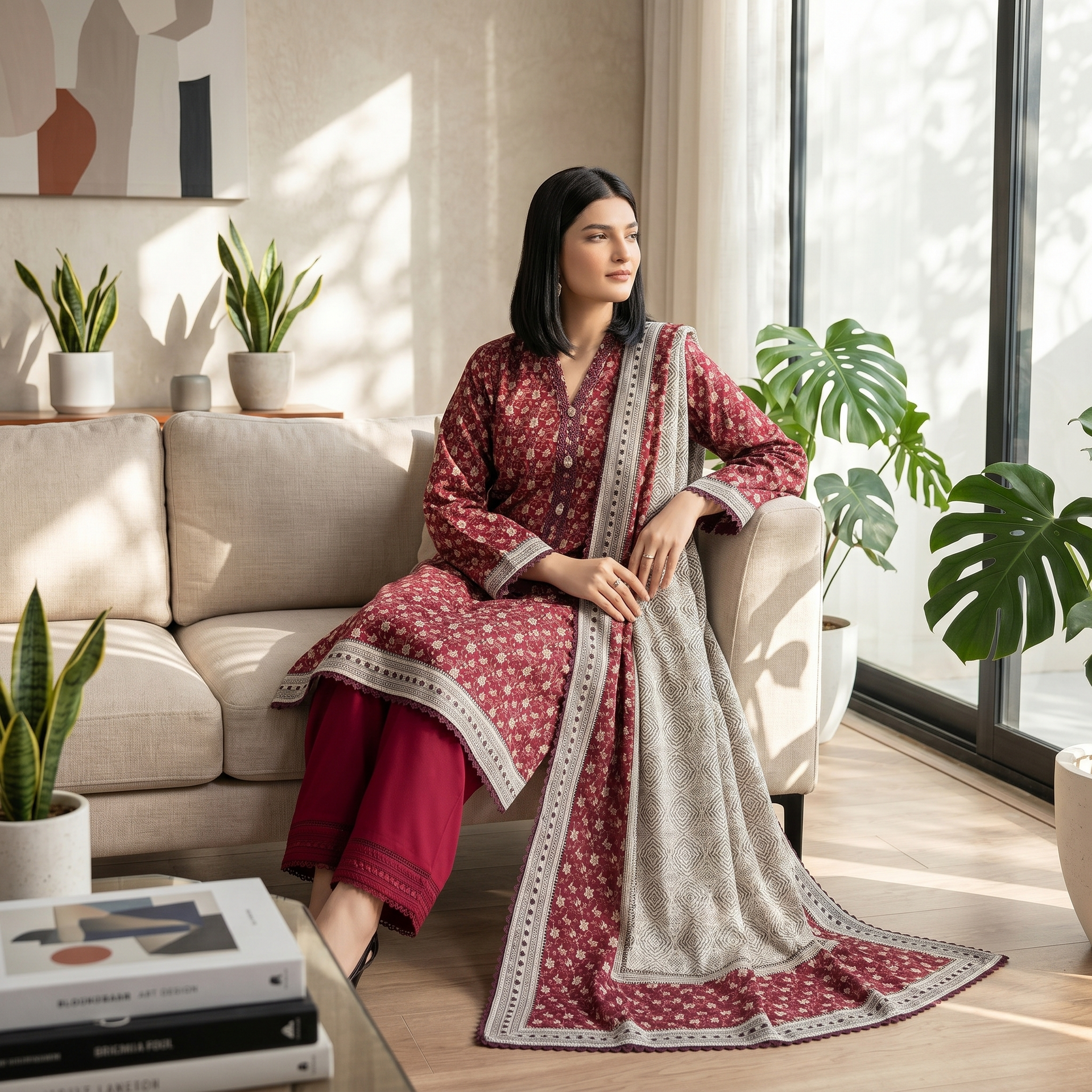 Regalia salina Printed Lawn Unstitched 3 Piece Suit – Maroon Red