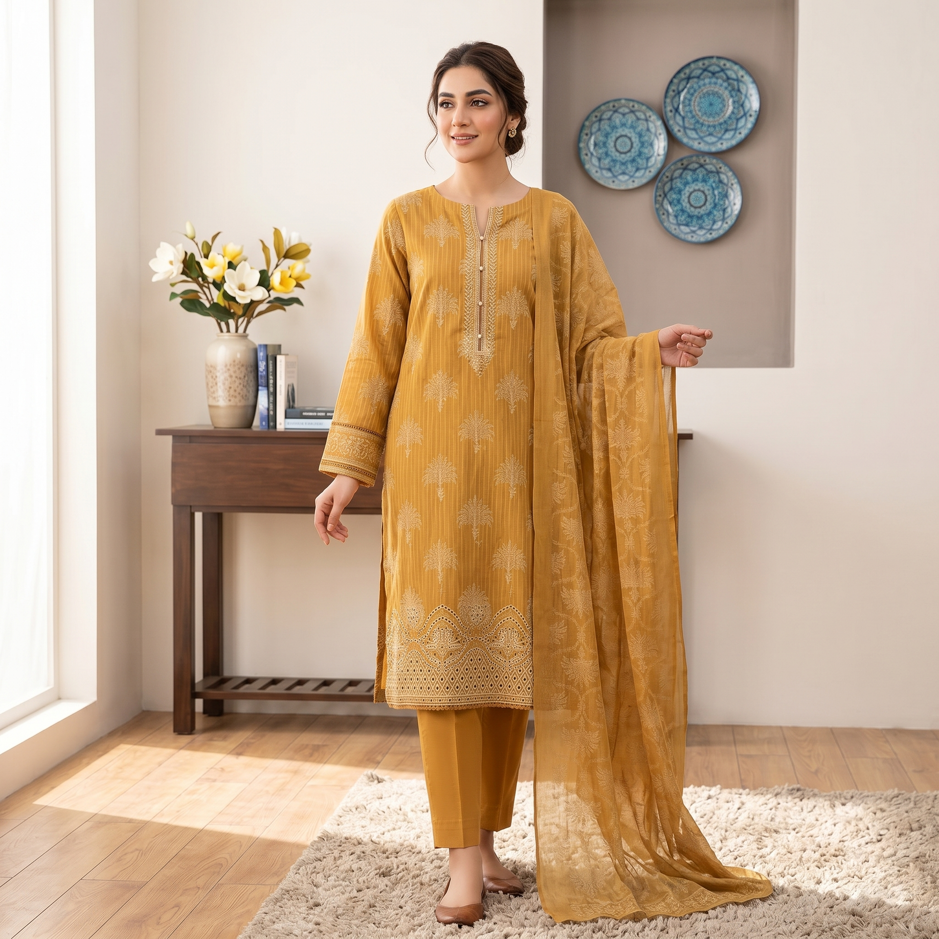 Nayab Embroidered Lawn Unstitched 3 Piece Suit – Mustard