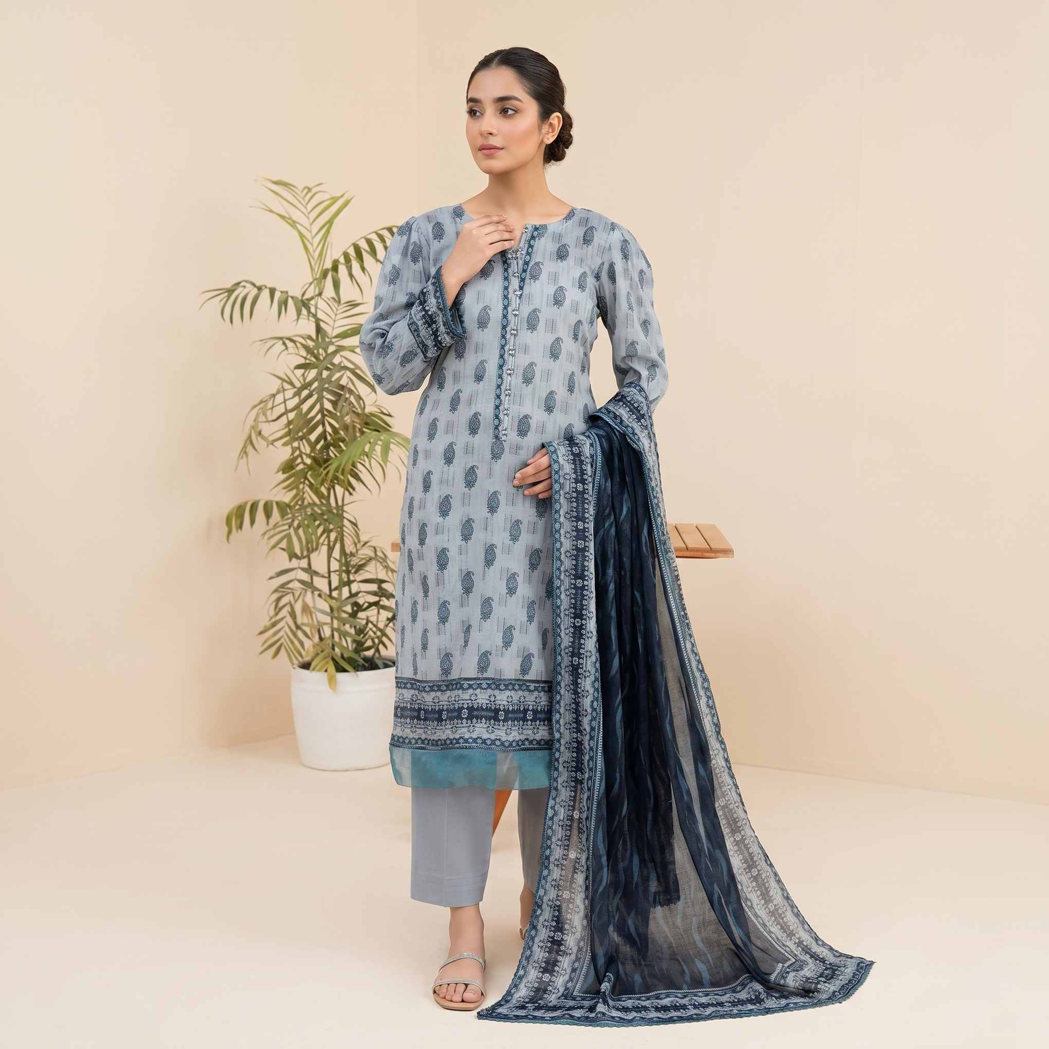 Almeerah Printed Lawn Unstitched 3 Piece Suit – Grey Blue