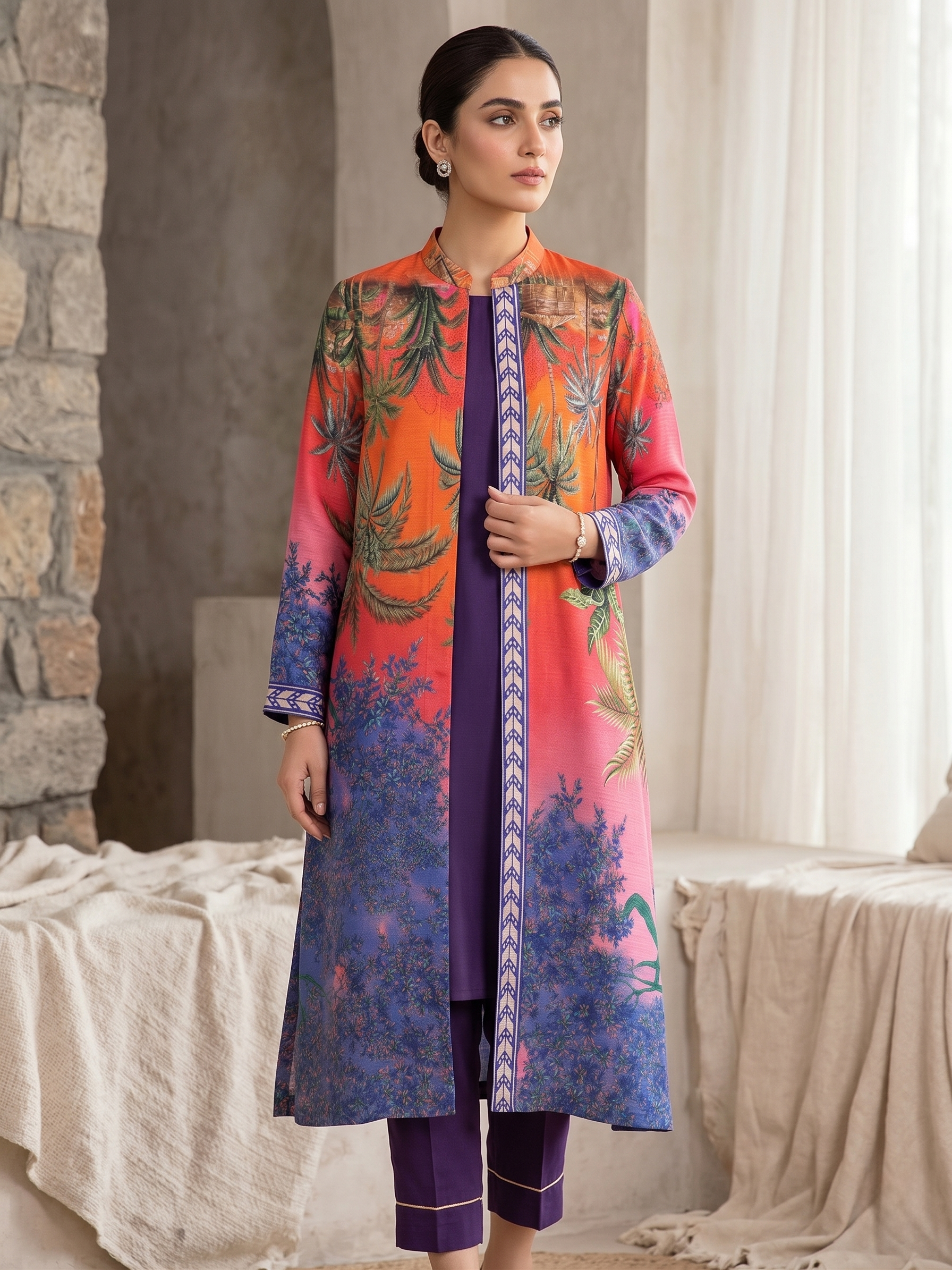 Orange Pink Tropical Printed Unstitched 2 Piece Dress