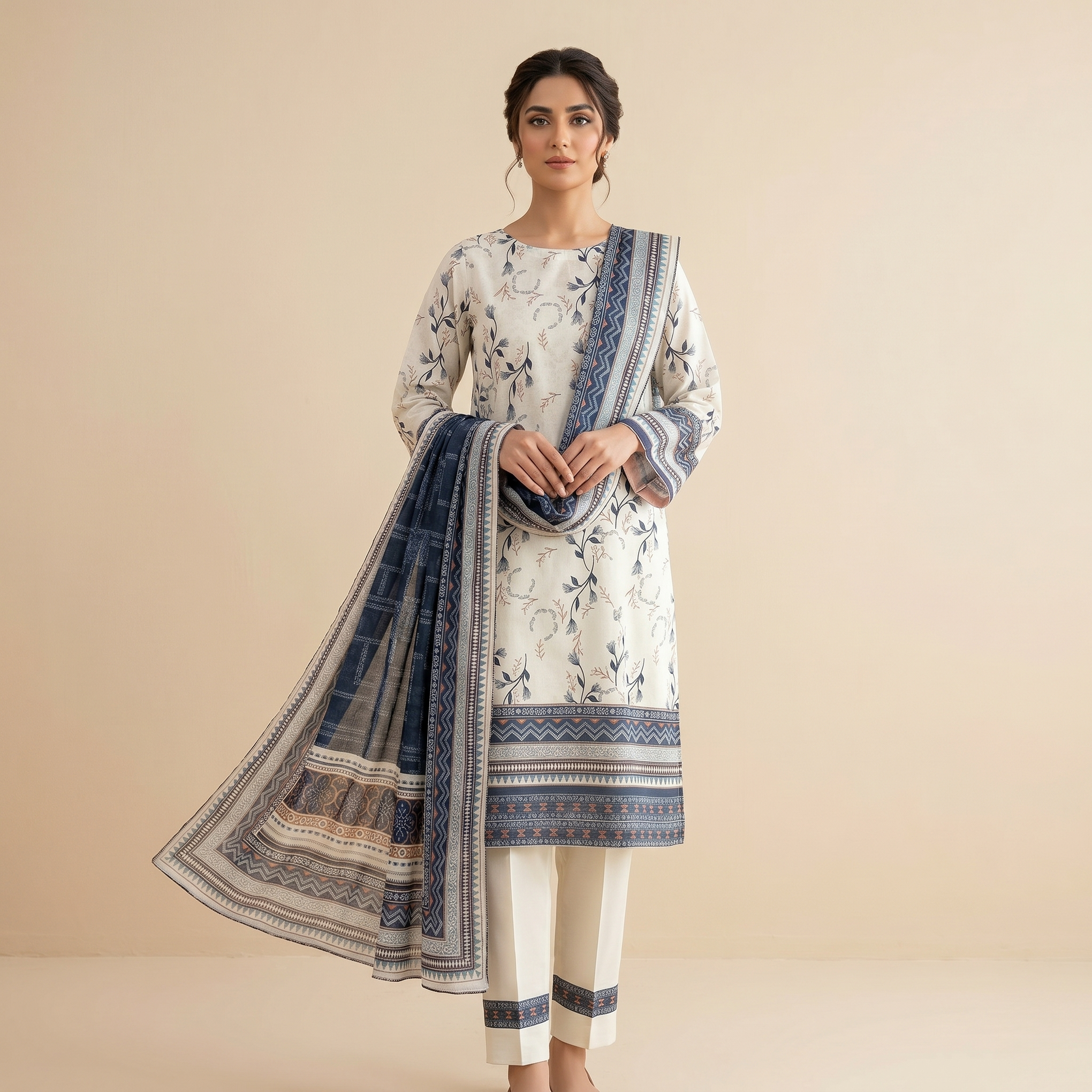 Almeerah Printed Lawn Unstitched 3 Piece Suit – Off White