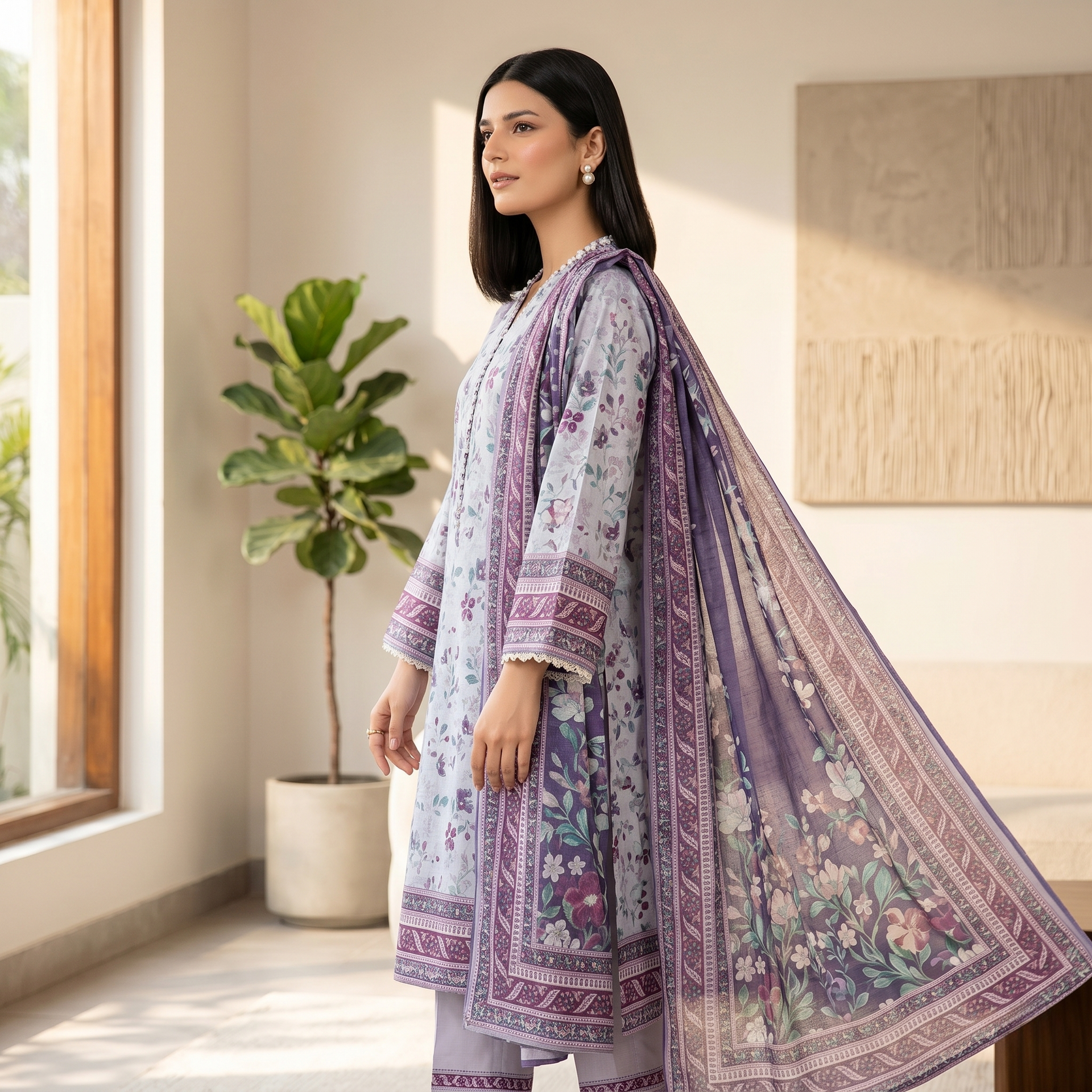 Salina Printed Lawn Unstitched 3 Piece Suit – Light Blue Purple