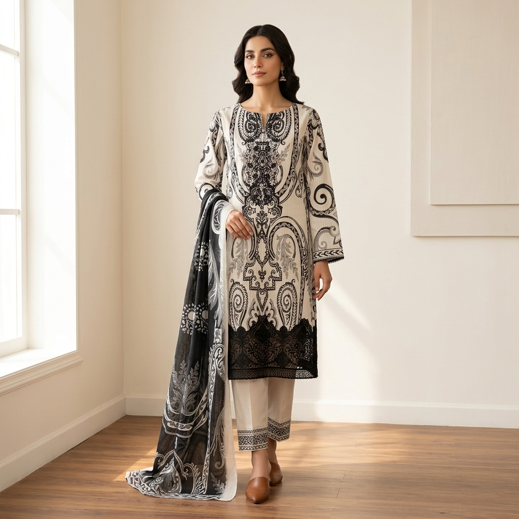 Nayab Embroidered Lawn Unstitched 3 Piece Suit – Black & White