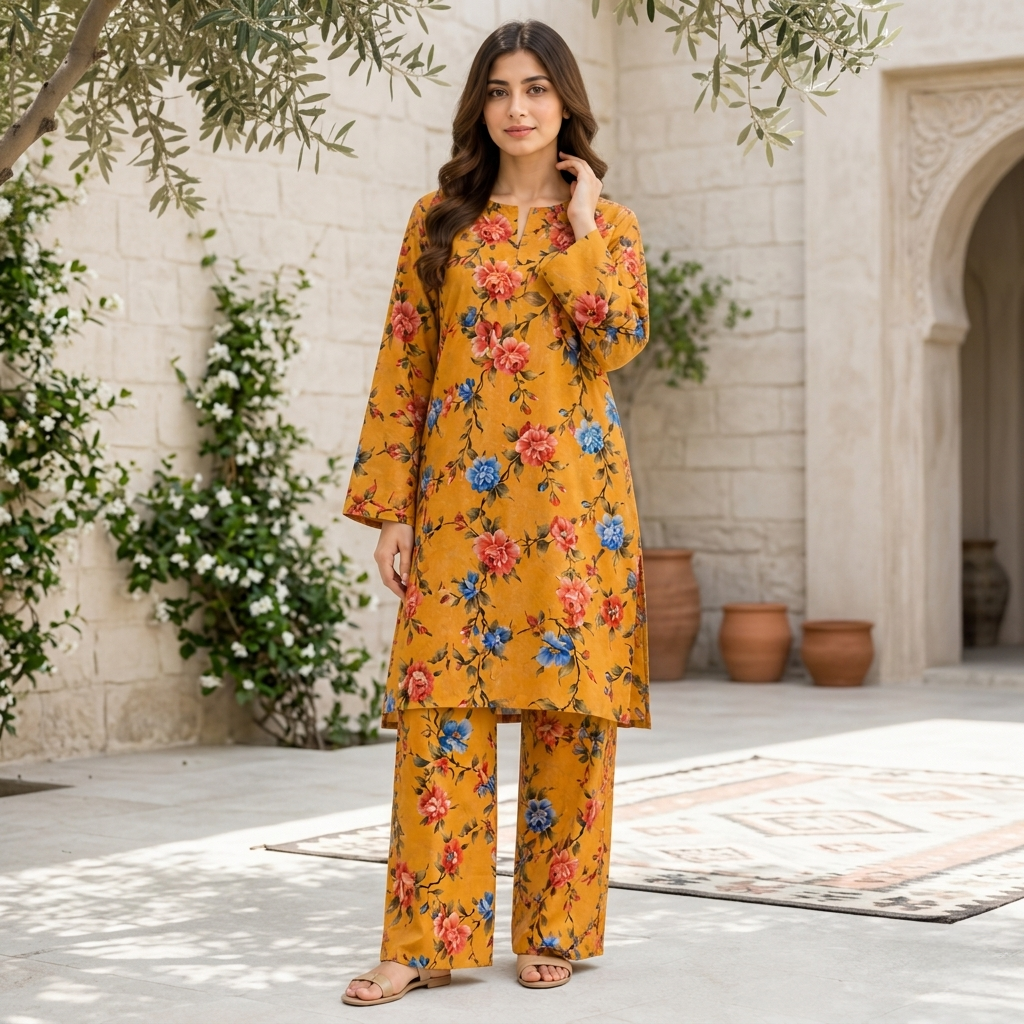 Mustard Yellow Floral Printed Unstitched 2 Piece Suit