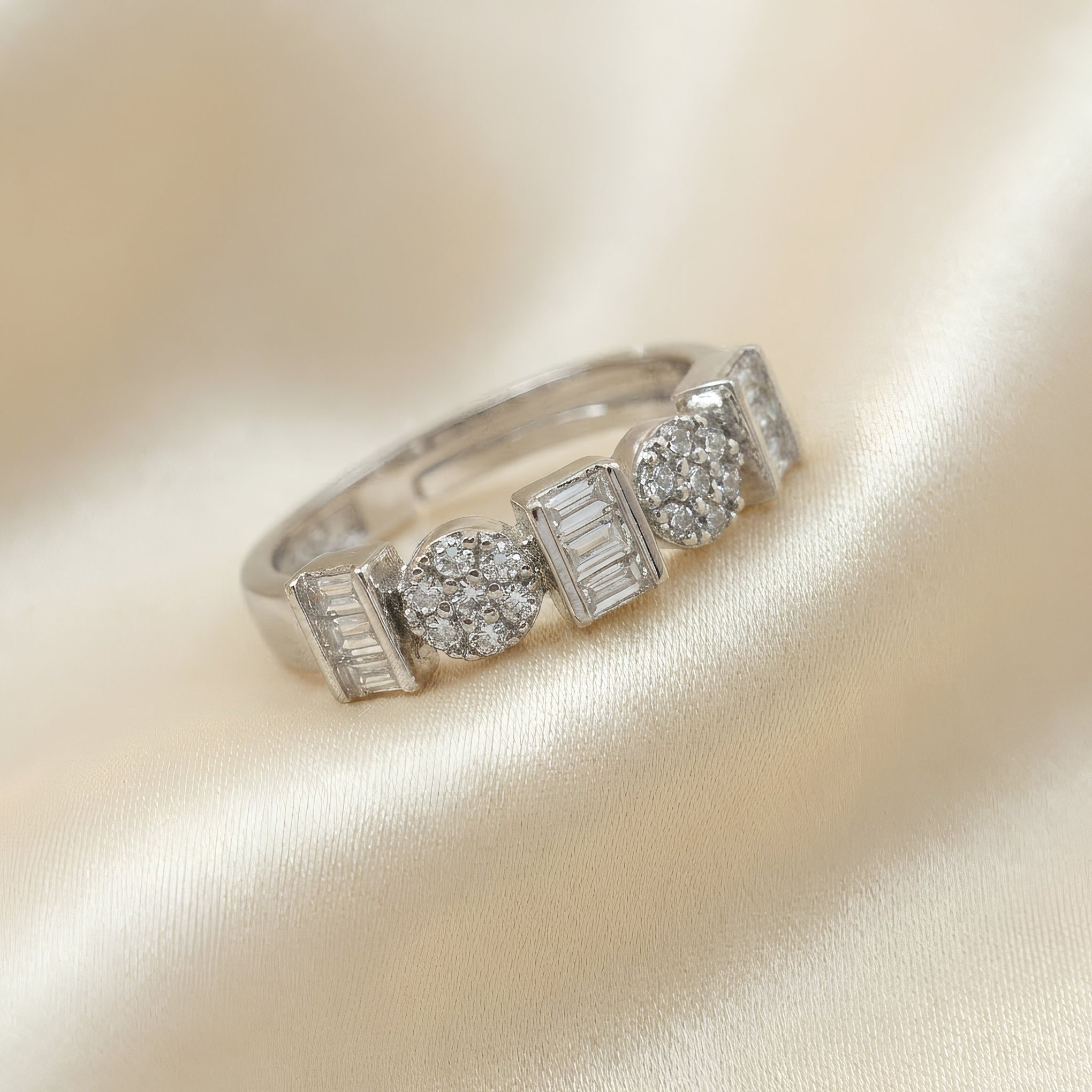 Silver Crystal Adjustable Ring – Baguette & Round Cluster Design