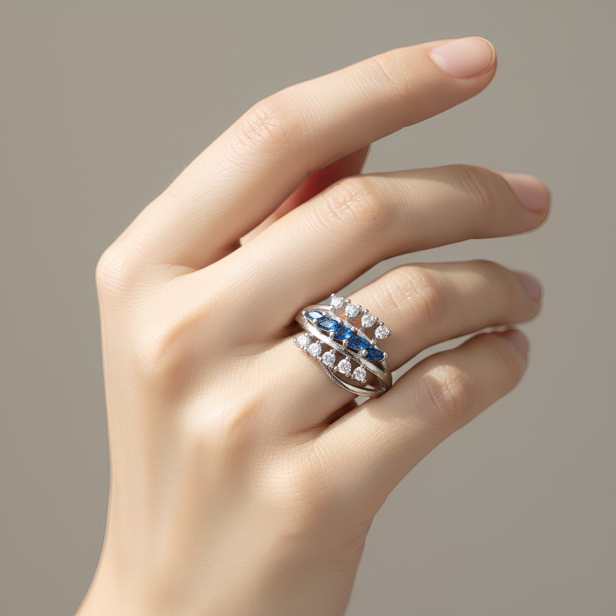 Royal Blue Crystal Adjustable Ring for Women – Silver Tone