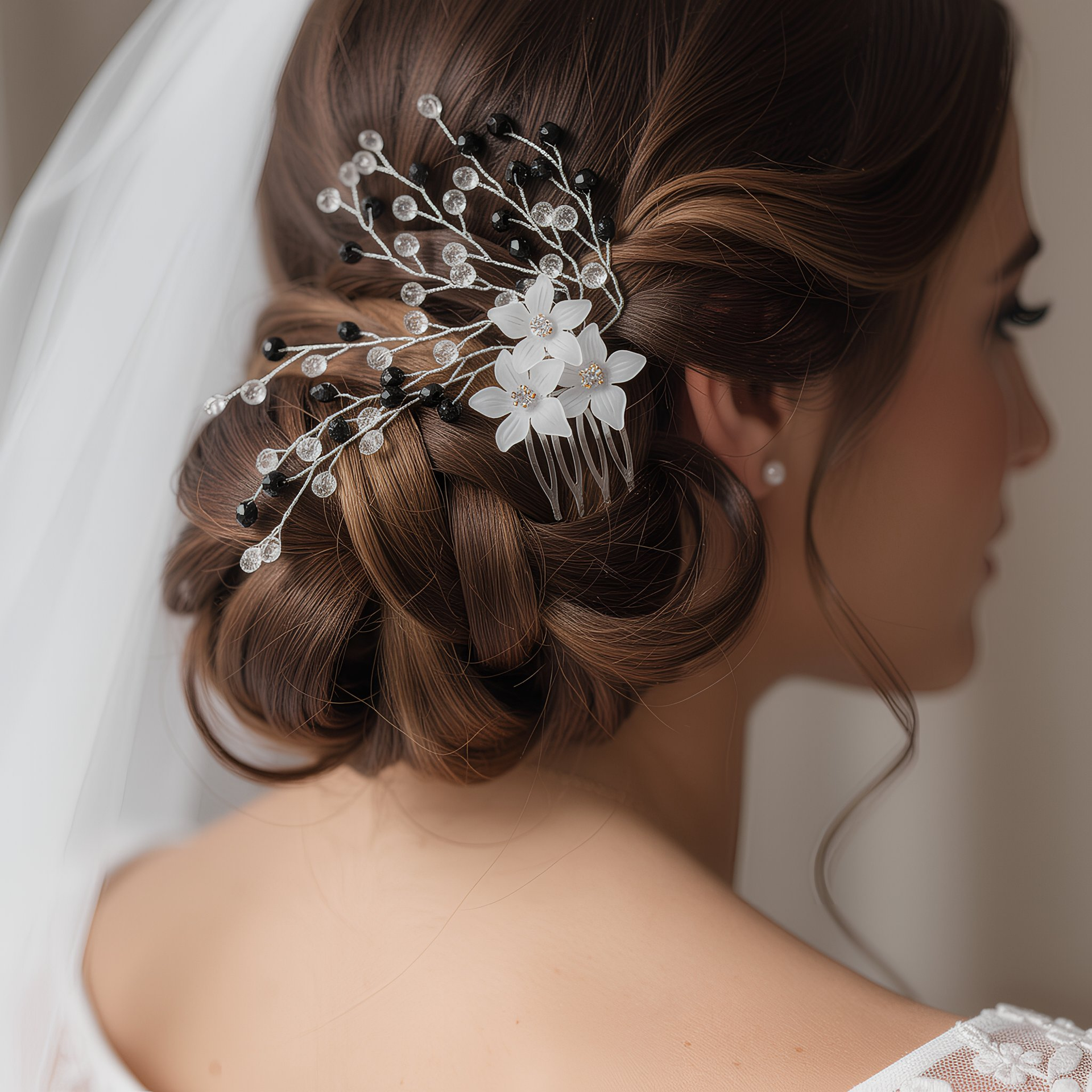 Elegant Floral Crystal Bridal Hair Comb black