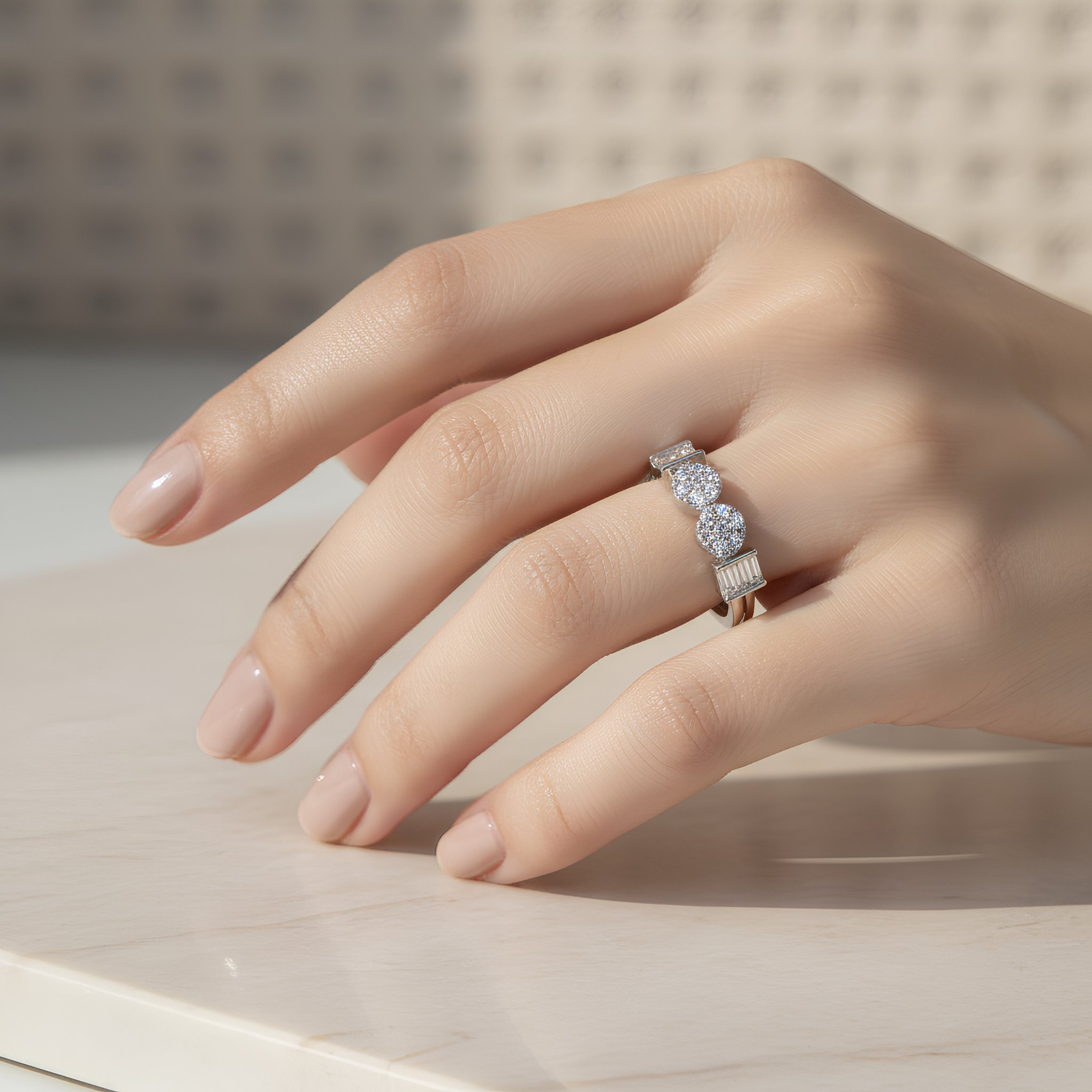 Silver Crystal Adjustable Ring – Baguette & Round Cluster Design