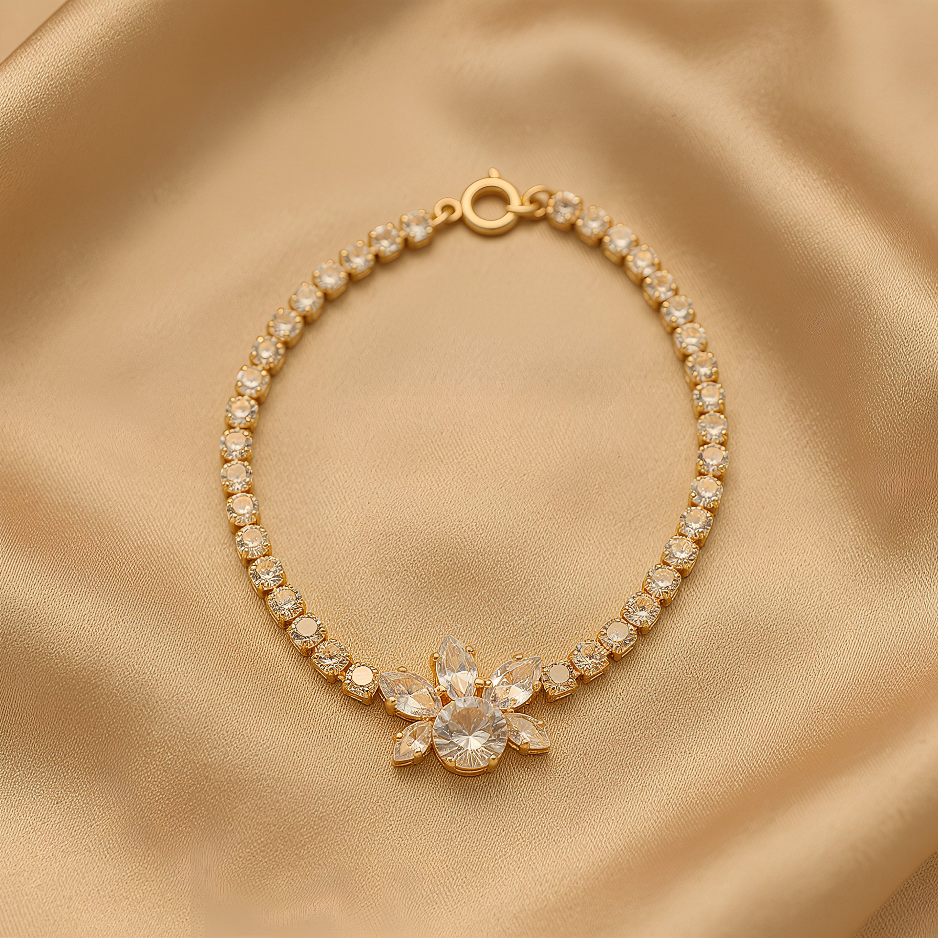 Golden Blossom Crystal Tennis Bracelet for Women