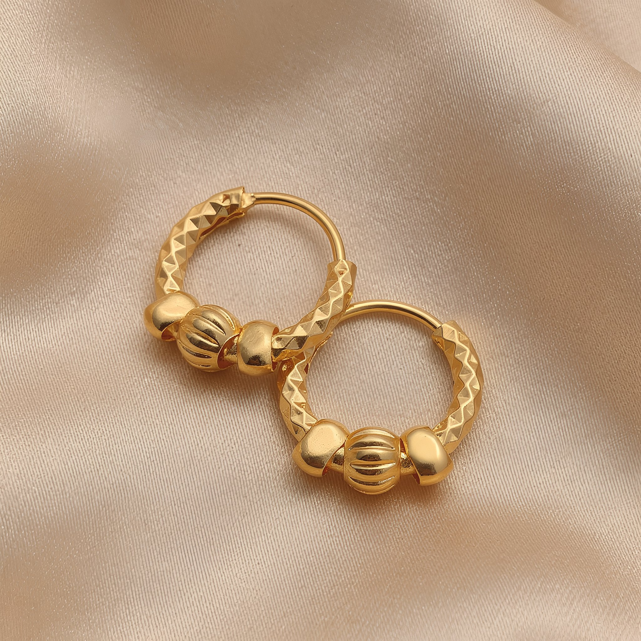 Textured Gold Hoop Earrings with Triple Bead Detail